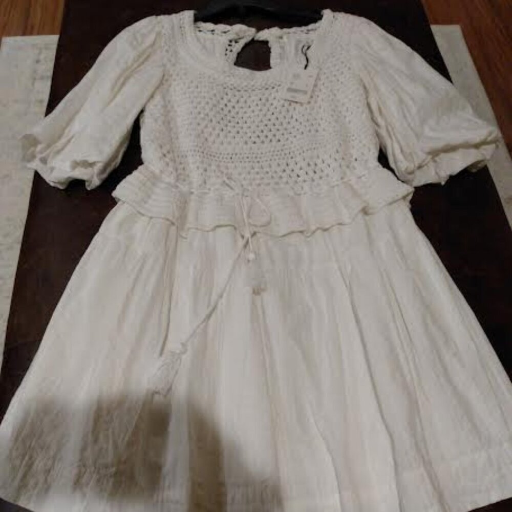 A Loves A Women's Ivory Crocheted Short Dress Puff Sleeves